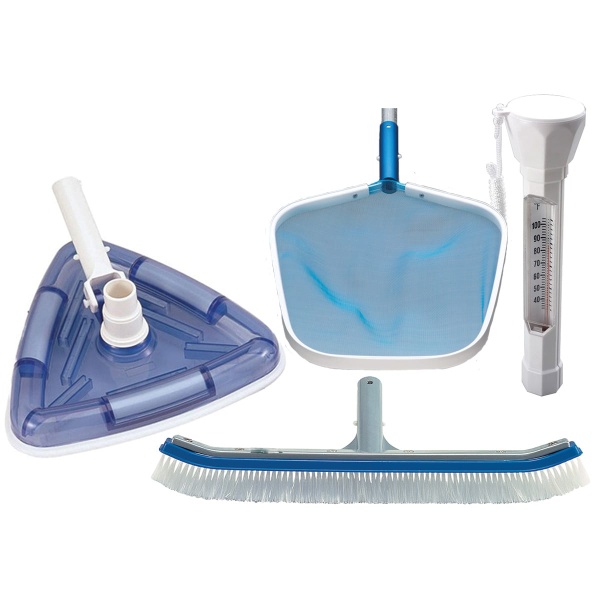 Ocean Blue Inground Maintenance Kit Box Includes: Weighted Transparent Triangular Vacuum, Aluminum Frame Leaf Skimmer, 18  Curved Aluminum Back Wall Brush, And Deluxe Floating Thermometer