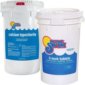 In The Swim Chlorine and Shock Bundle for Sanitizing Swimming Pools – Includes 50 Pound Bucket of 3 Inch Stabilized Chlorine Tablets and 50 Pound Bucket of 68% Cal-Hypo Pool Shock