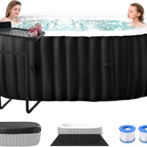 Inflatable Hot Tub Spa with Side Table – 2-Person Oval Portable Outdoor Spa, Leak-Proof PVC, 100 Air Jets, Heater Pump & Insulated Cove